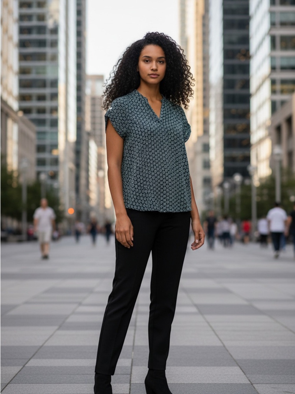 Alice blue Geometric Print V-Neck Cap Sleeve Blouse - Teal/Black (001)